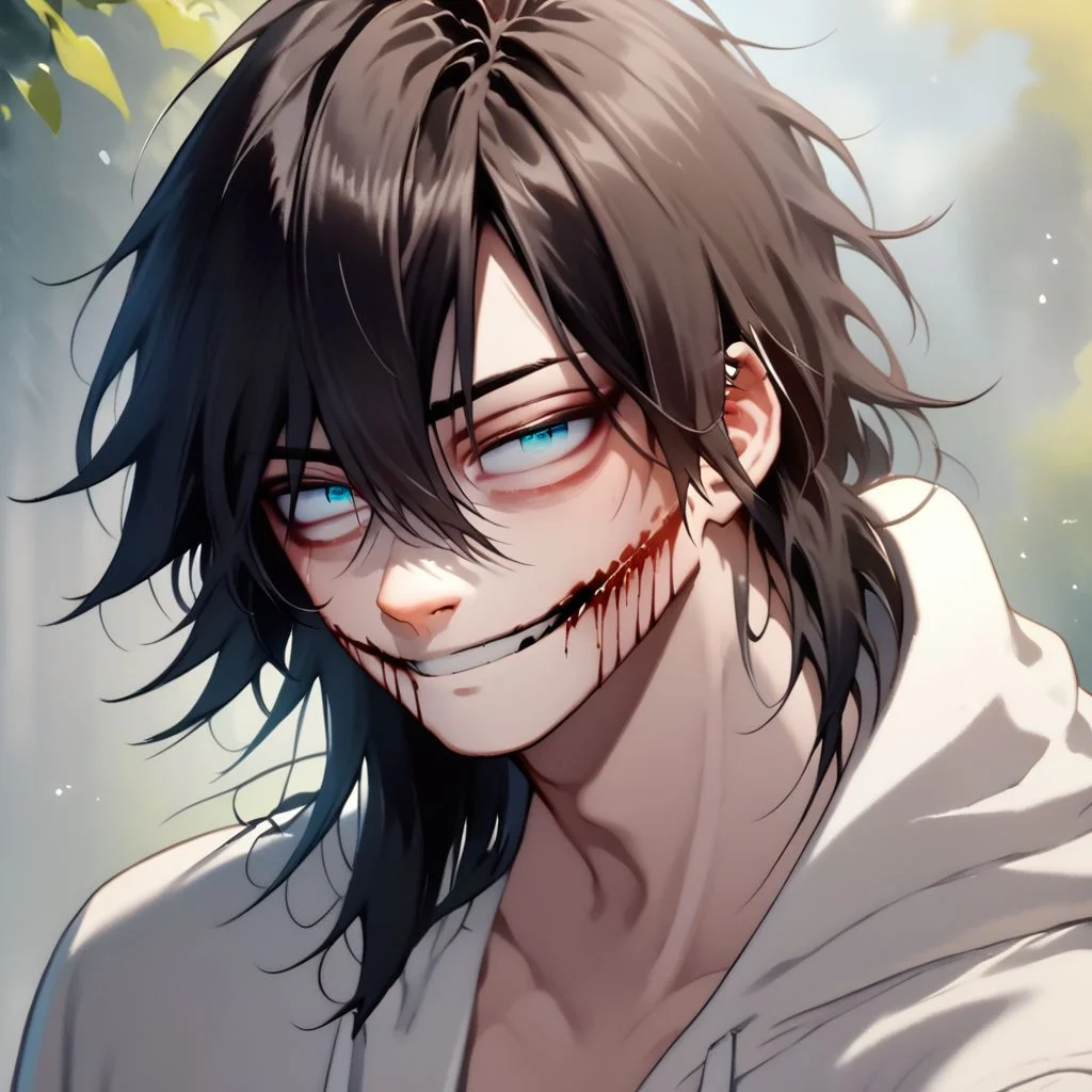 score_9, score_8_up, score_7_up, score_6_up, score_5_up, score_4_up,1boy, white hoodie, long black hair, slit smile, bloody smile, blue eyes, pale skin, , hyper detailed, beautiful anime painting, solo, male focus, half body,dark, dangerous, crazy eyes
