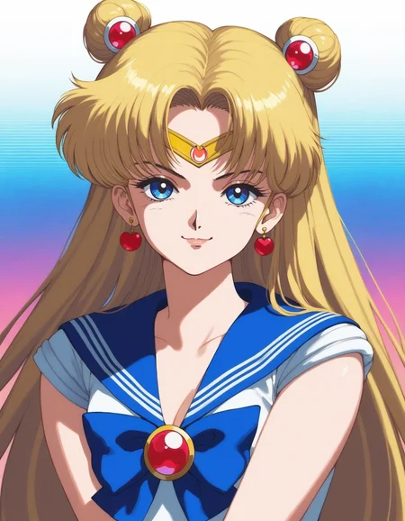 score_9, score_8_up, score_7_up,sailor moon, blonde hair, front view, vaporwave, smirk, looking at viewer, (head tilt:1.2), retro artstyle,