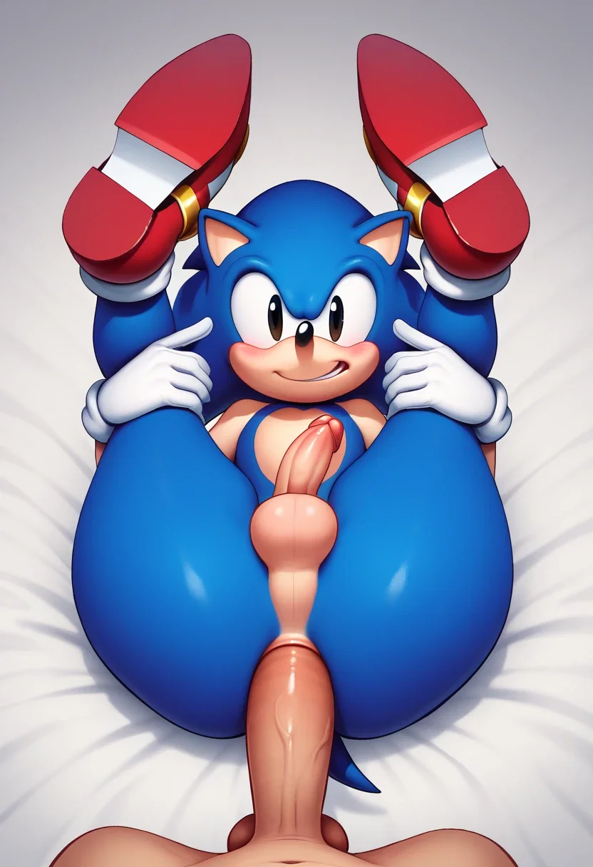 ClassicSonic, 1boy, anthropomorphic hedgehog, blue fur, peach skin two tone fur, small triangular ears, six long quills on the back of head, two spines protruding from back, short tail, red shoes and white gloves, short body, black eyes, safe_pos, score_9, score_8_up, score_7, solo, penis, testicles, wide hips, blushing, anal sex, anal penetration, pov, legs up, huge ass, femboy