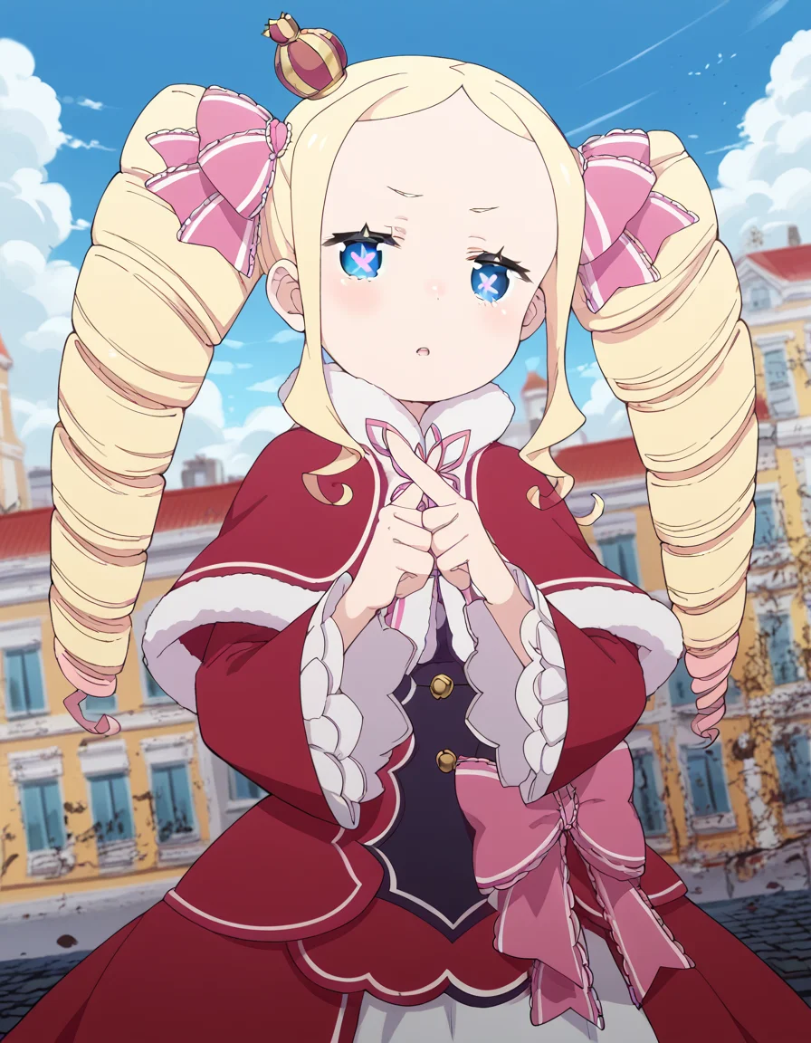 score_9, score_8_up, score_7_up, source_anime, <lora:rezero-beatrice-s3-p1-ponyxl-lora-nochekaiser:1>, beatrice, long hair, blue eyes, blonde hair, twintails, hair ribbon, sidelocks, symbol-shaped pupils, drill hair, twin drills,, dress, ribbon, fur trim, capelet, crown, mini crown, red capelet, frills, bowtie,, floating city, sky, futuristic, architecture, clouds, , <lora:x-fingers-ponyxl-lora-nochekaiser:1>, x fingers, blush, parted lips,, looking at viewer, solo,, dutch angle, cowboy shot