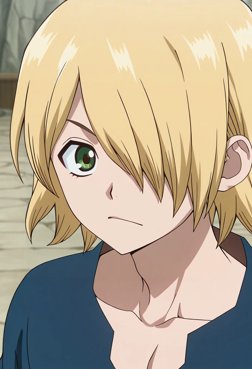 masterpiece, best quality, , anime screencap, anime coloring, official style,, 1boy, solo, male focus, <lora:ginrou_dr_stone_ilxl:0.94>, ginrou_dr_stone, blonde hair, green eyes, short hair, hair over one eye, , ,