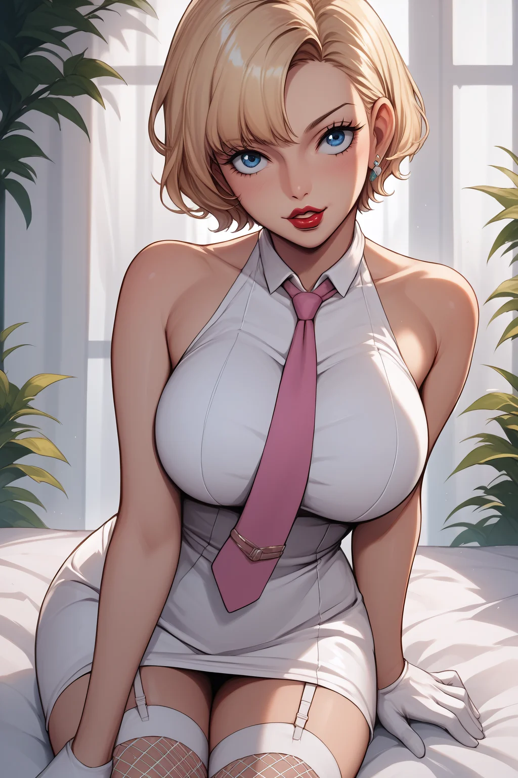 score_9, score_8_up, score_7_up, BREAK source_anime, <lora:Stussy-PonyXL-lora-Faxtron:0.8> stussy, blue eyes, blonde hair, short hair, lipstick, large breasts, white dress, sleeveless, pink necktie, garter straps, white gloves, fishnet white thighhighs,