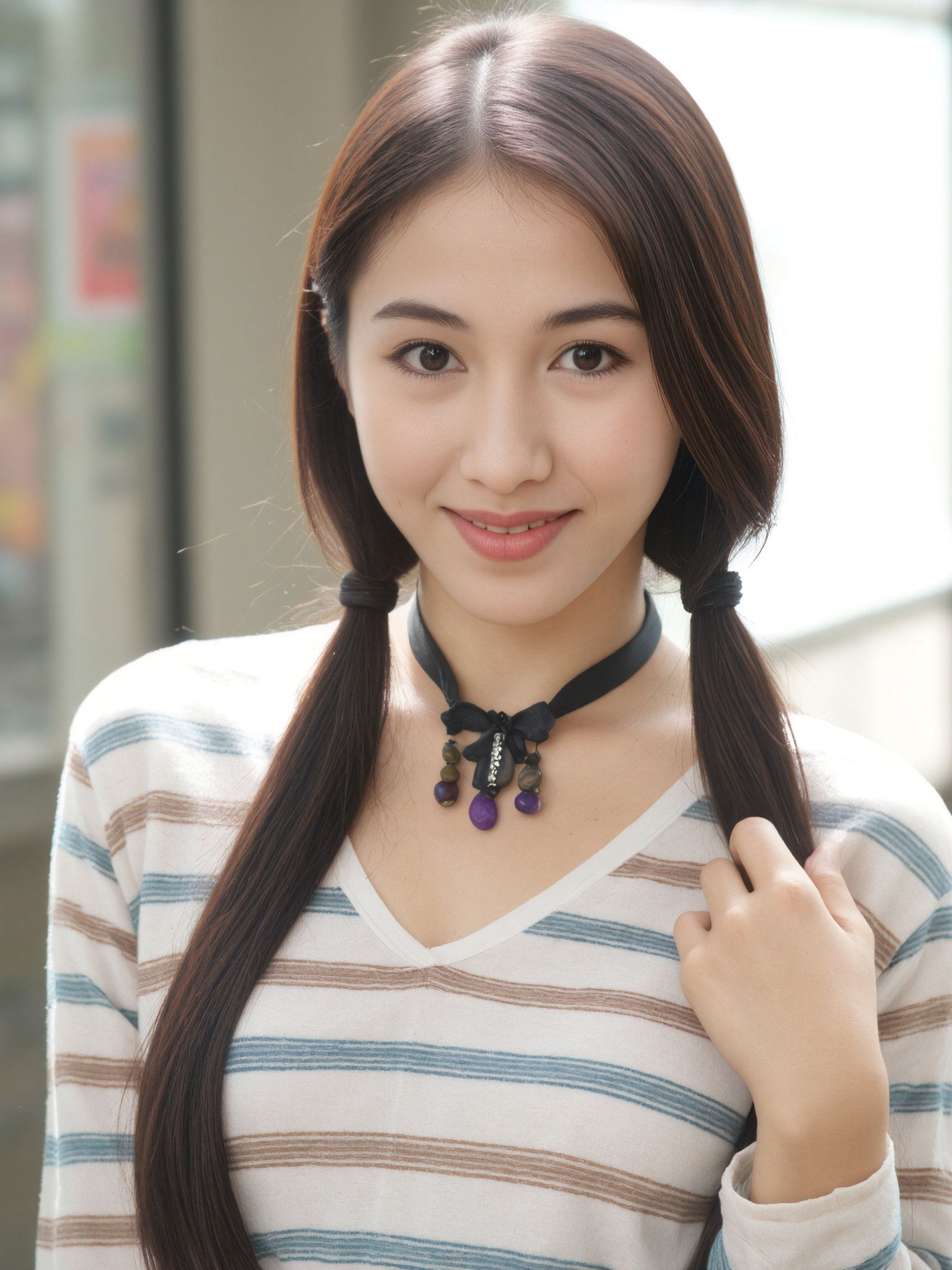 This is a high-resolution photograph of a young Asian woman with a fair complexion, smiling warmly at the camera. She has long, straight black hair styled in two low pigtails, and she is holding one of them with her right hand. Her facial features are delicate, with large, expressive brown eyes and a small, upturned nose. She wears a white, long-sleeved blouse with horizontal stripes in blue, brown, and beige, which adds a casual, playful touch to her appearance. Around her neck is a black choker with tassel details, adding a trendy accessory. The background is softly blurred, suggesting a shallow depth of field, and appears to be an indoor setting with natural light streaming in from a window, illuminating her face and creating a soft, flattering light. The image composition follows the rule of thirds, with the woman's face positioned in the upper third, drawing attention to her smile and expressive eyes. The overall mood is cheerful and approachable, enhanced by the bright, natural lighting.