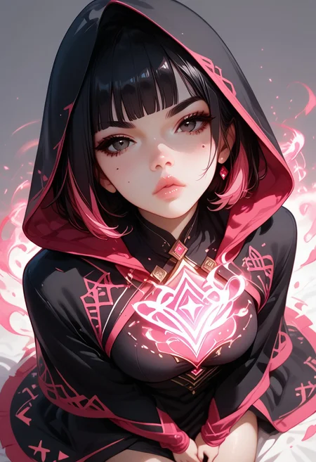 score_9, score_8_up, score_7_up, score_6_up, score_5_up, score_4_up, 1girl,Sarah, SarahRH, short black hair, bob cut, straight hair, blunt bangs, dyed bangs (pink), (pink) streaked hair, dark eyes, cute face, beautiful lips, medium breasts, curvy, large hips, pale skin, mole under her eye, moles on her body, warpaint on face, serious face, magic ritual, black cape, hood, rune magic, magic aura, dark atmosphere, fantasy scenario, witch, sorceress, jewels, shiny, glowing gems, front view, full body shot, perspective, high angle view, dynamic angle, magic aura from own hands,