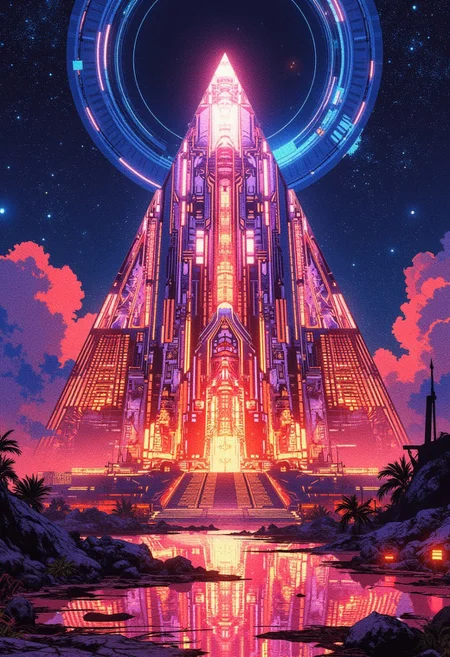 A digital anime artwork in the style of cklg, A digital painting in the style of ck-js, pyramids neon fire in the eternal night, built from futuristic nano-glass, cascading holographic patterns,