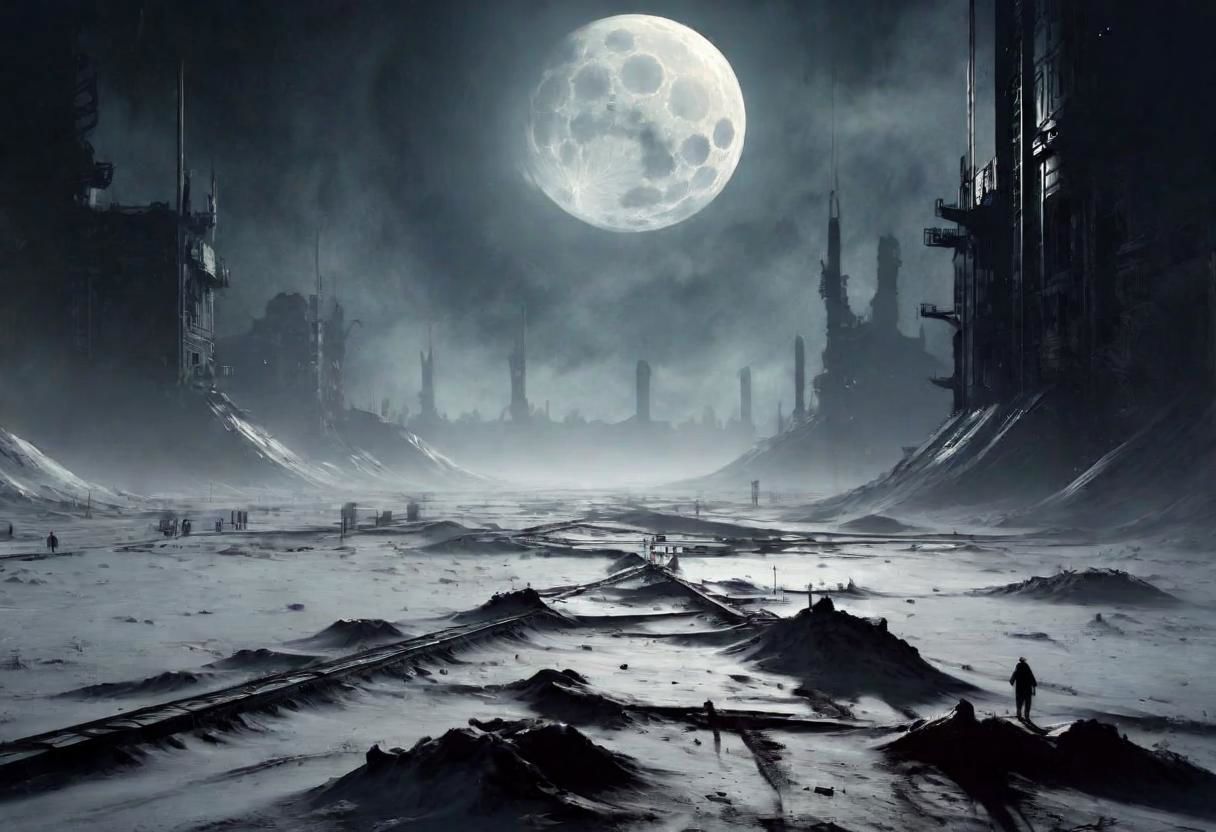 EdobHorrorLandscape,
A landscape of a deserted moon base,
hopeless, nightmare,
fog,
winter,
crimes, muders, gangs,