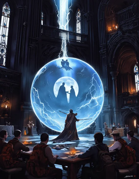 Art by Alejandro Burdisio. A digital illustration shoot from a front camera angle about a fantastical scene featuring a large, glowing sphere containing a silhouette of a man and a woman, surrounded by a mystical aura, set inside a grand, gothic cathedral with tall, stained glass windows and ornate architecture. the scene is illuminated by a dramatic, electrifying light source emanating from the sphere, creating a sense of mystery and foreboding. in the center of the image, a man, presumably in his mid-twenties, is standing with his back to the viewer, looking up at the sphere with a determined expression. he is wearing a long, flowing cloak and holding a sword in his right hand, while his left hand is raised, as if he is about to engage in a battle. to his right, a group of men, wearing backpacks and hats, are seated around a table, observing the scene unfold. on the left side of the scene, a boy, who appears to be in his early twenties, is holding a small child in his arms, and they are facing away from the viewer. the room is dimly lit, with candles on the table and scattered papers on the floor, adding to the mysterious atmosphere. the atmosphere is further enhanced by the dramatic lighting, which casts a glow on the figures and the glowing orb, creating an ethereal ambiance.