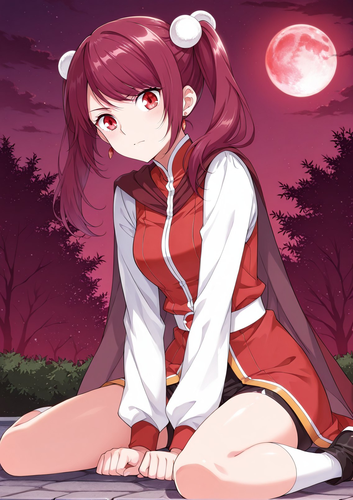 <lora:Luo_Xiao_Yao__Battle_Through_the_Heavens__Illustrious:1>
1girl, solo, red hair, twintails, side ponytail, hair ornament, long hair,  white hairballs, red eyes, anime style, 
battle outfit, red and white outfit, sleeveless dress, short dress, wide belt, obi belt, cape, long sleeves (inner shirt), black shorts, thigh-high socks, black shoes, earrings, 
score_9, score_8_up, score_7_up, masterpiece, best quality, absurdres, perfect anatomy, 1girl, solo, wariza, sitting, hands on own knees, garden background, night, red moon