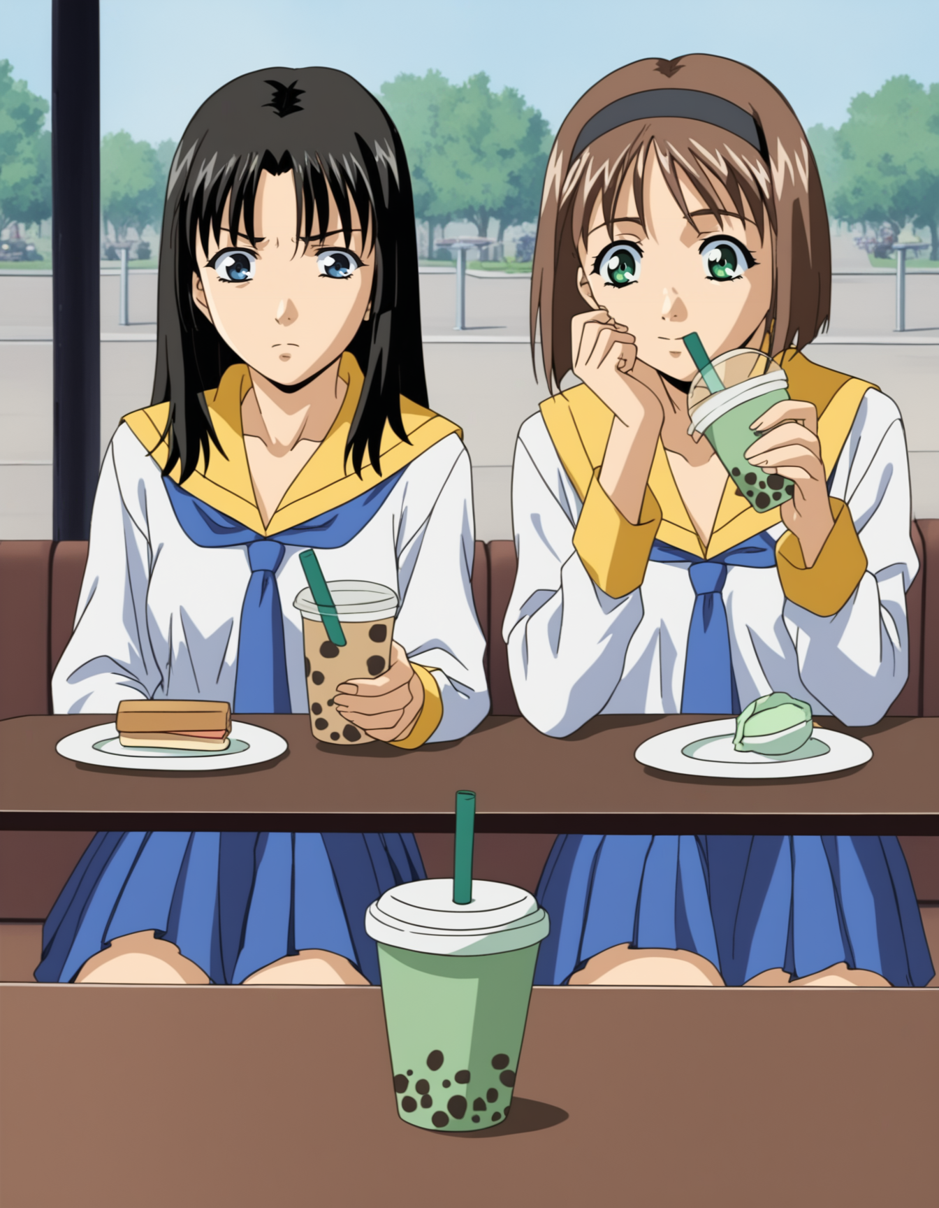 score_9,  score_8_up, score_7_up, <lora:ai-shimai-ponyxl:0.8> 2girls, cafe, bubble tea, outdoors, close-up
2girls, cafe, close-up, kitazawa, black hair, serafuku, yellow sailor collar, white shirt, pleated skirt, annoyed
2girls, cafe, close-up, tomoko, black hairband, serafuku, yellow sailor collar, white shirt, pleated skirt, smile