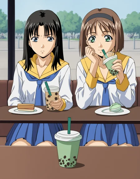 score_9,  score_8_up, score_7_up, <lora:ai-shimai-ponyxl:0.8> 2girls, cafe, bubble tea, outdoors, close-up
2girls, cafe, close-up, kitazawa, black hair, serafuku, yellow sailor collar, white shirt, pleated skirt, annoyed
2girls, cafe, close-up, tomoko, black hairband, serafuku, yellow sailor collar, white shirt, pleated skirt, smile