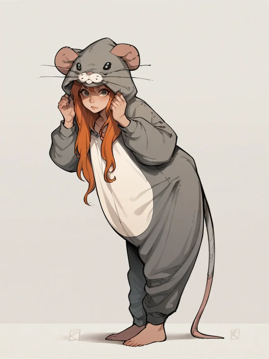 score_9, score_8_up, score_7_up, score_6_up, score_5_up, <lora:ratonsieXLP3:1> rat onsie, barefoot, animal costume, tail, 1girl, ginger hair, curvy
