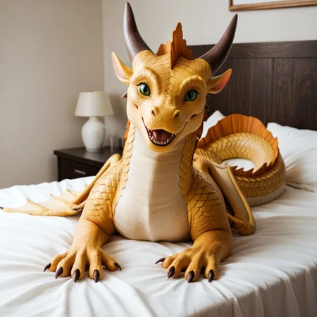 score_9, score_8_up, score_7_up, score_6_up, score_5_up, score_4_up, masterpiece, high quality, realistic, detailed, best quality, white bed, solo, rating_safe, source_furry, bedroom, smiling, open mouth smile, happy, ((looking at viewer)), lying on belly, feral, Sandwing, yellow scales, dragon, scales, horns, claws, wings, tail, Sunny_wof, bright yellow scales, female, green eyes, detailed eyes, detailed face