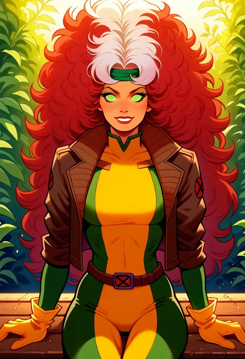 score_9, score_8_up, score_7_up,score_9, score_8_up,<lora:r0gue:0.85>,1girl, StarfireDG, red hair, orange skin, green eyes, no pupils, dskrge_xm3n, 1girl,solo,long hair,looking at viewer,red hair,gloves,green eyes,jacket,white hair,open clothes,open jacket,lips,bodysuit,makeup,headband,lipstick,skin tight,multicolored clothes,buckle,belt buckle,leather,superhero,bomber jacket,dyed bangs,multicolored bodysuit,green bodysuit,yellow bodysuit, sitting on bench, smile, waving hand, smile, kind, looking at viewer, dynamic view, in the garden, sfw
