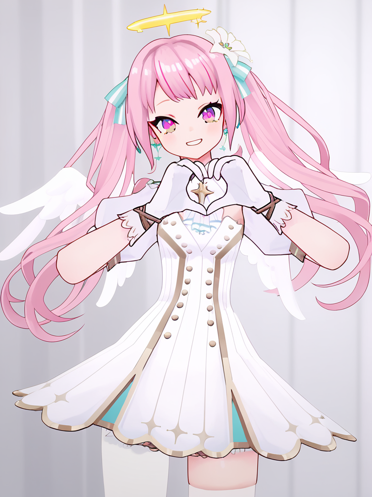score_9,score_8_up,score_7,huge filesize,wallpaper,portrait,HH_hime,1girl,solo,long hair,twintails,pink hair,open eyes,<lora:Eyes_Lora_Pony_Perfect_eyes:0.8>,virtual youtuber,smile,white dress,thighhighs,hair flower,halo,wings,gloves,jewelry,heart hands,<lora:HimeTanaka_PONY_V3:0.8>,