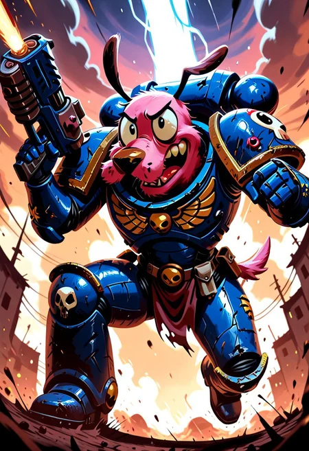 Masterpiece, best quality, absurdres, newest, highly detailed, 8k, c0ur4g3, pink dog, Courage the cowardly dog head, solo, UltraM40k, Ultramarine armor, shooting heavy bolter, yelling, battlefield background