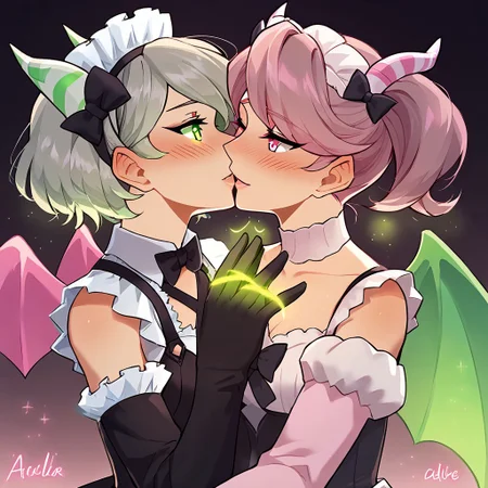(score_9_up, score_8_up, best quality, hires, highly detailed, ultra-realistic, expressive, intricate details, yuri, sensual, intimate atmosphere, full body shot)
Arianna and Ariane from Yu-Gi-Oh, ygoarianna, ygoariane, yuri theme, close and intimate, full body view, green eyes, green wings, green tail, green horns, green/black thighhighs, detached sleeves, maid outfit, pantyhose, twintails, pink eyes, pink wings, pink tail, pink horns, black/pink thighhighs, gloves, twintails, close body contact, affectionate expressions, soft blush, gentle lighting, intertwined limbs, subtle romantic tension, elegant and detailed maid outfits, vibrant colors, glowing eyes, delicate hands, soft focus background
romantic setting, warm light, soft shadows, rich textures, glowing effects, magical atmosphere, slight sparkles, intricate lace, silky fabrics