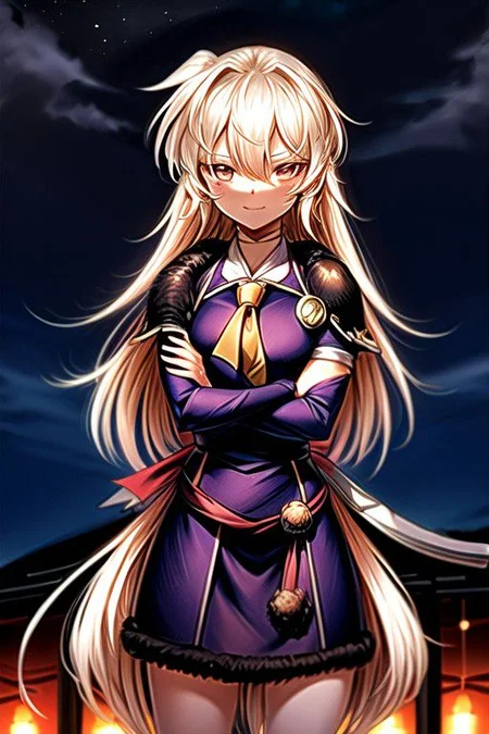 best quality 1girl Setsun4 solo long hair, (night time) forest background black hair very long hair purple eyes multicolored hair armor, small, (fur trim) (medium body),<lora:EMS-179-EMS:0.800000>,<lora:EMS-293862-EMS:0.800000> bow, hair_bow, hair_tubes, red_bow, brown_hair, long_hair, bangs, ascot, frilled_bow, yellow_ascot, blush, smile, hair_between_eyes, athletic, armor, miko, strengthmda, crossed arms, Smiling, happy