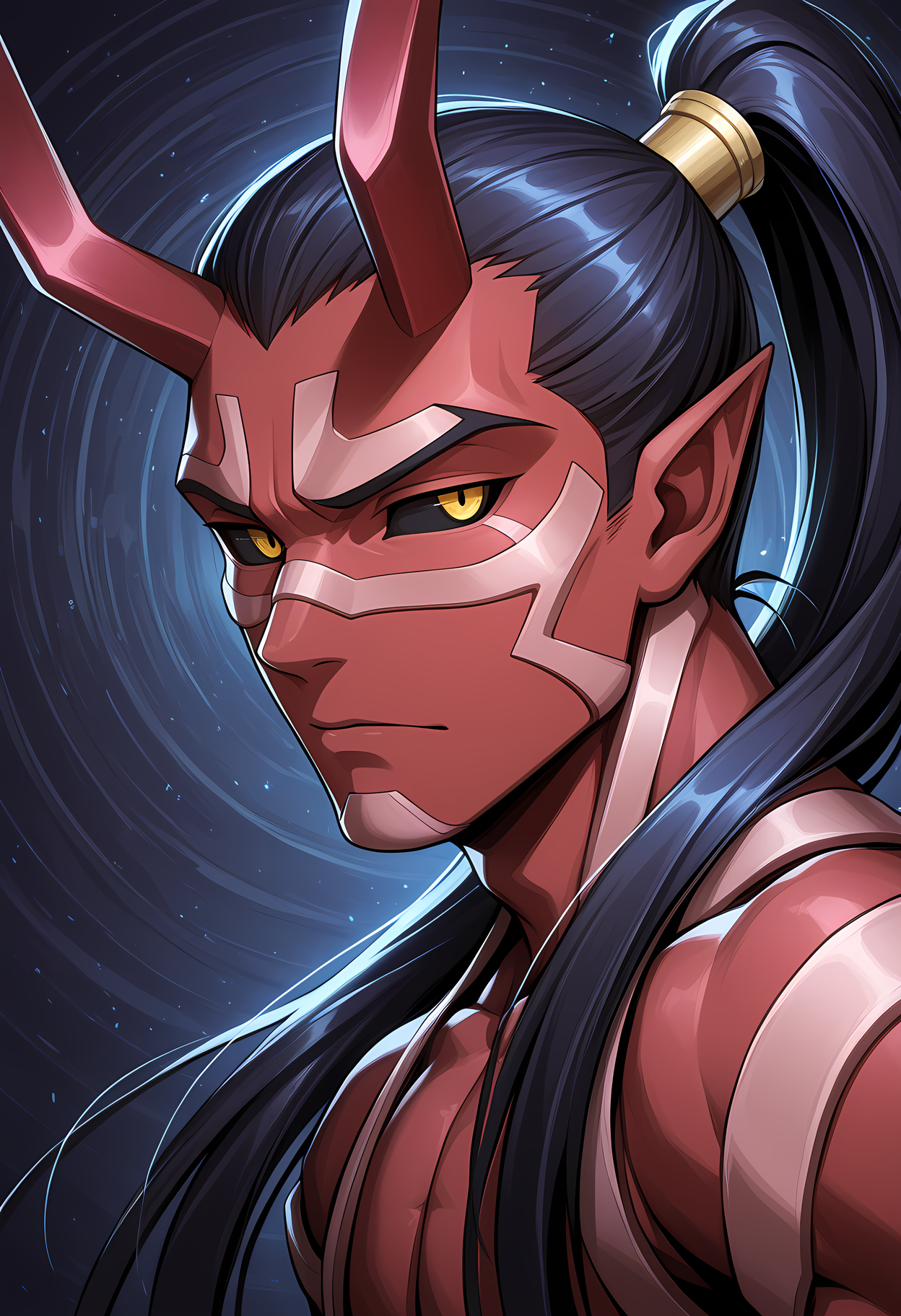 masterpiece, best quality, amazing quality, dutch angle, abstract background, BREAK
1boy, solo, male focus, smt_rakshasa, horns, red body, yellow eyes, black sclera, ponytail, long hair, face focus, BREAK
<lora:cfg_scale_boost:.6>   <lora:Rakshasa_-_Shin_Megami_Tensei__Persona_-_ILXL:1>
