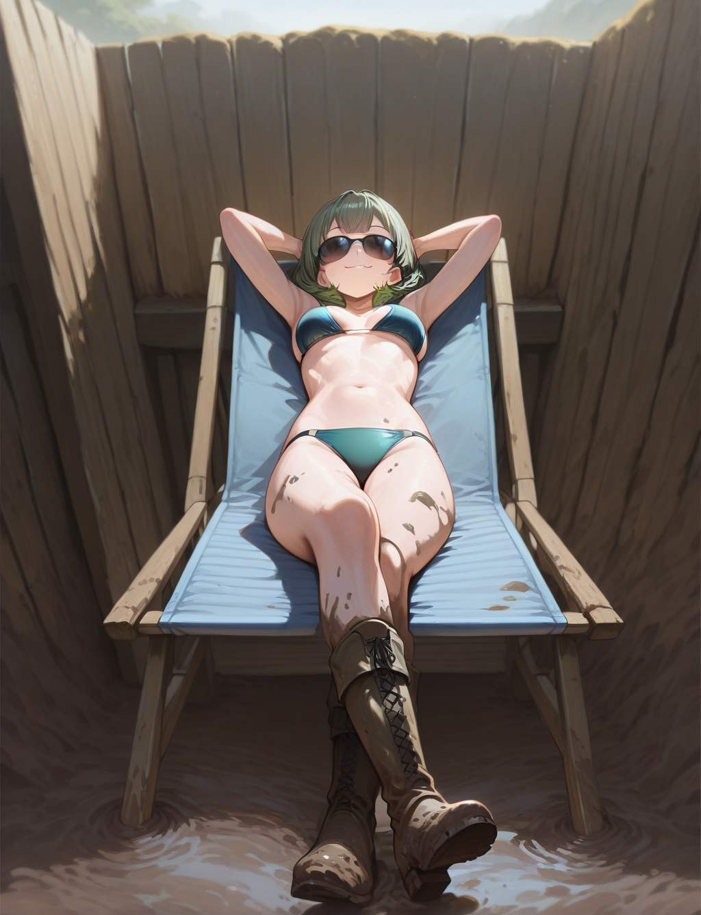 masterpiece,best quality,higres illustration,detailed face,short hair,<lora:trenchwarfare_IL:1>,trench warfare,1girl,smile,bikini,long green hair,lying,sleeping,on back,sunglasses,hands under head,beach chair,crossed legs,wooden wall,muddy,boots,
