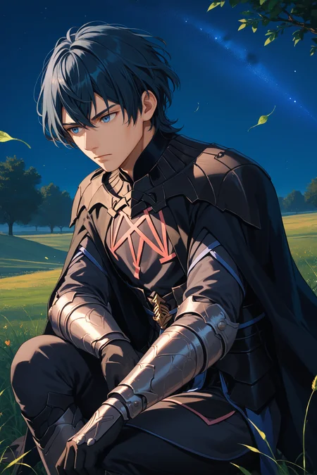 score_9, score_8_up, score_7_up, score_6_up, source_anime, 1boy, male focus <lora:mbyleth-pdxl-nvwls-v1-000005:1> defmByl, dark blue hair, short hair, blue eyes, hair between eyes, black cape, black armor, black coat, black pants, gauntlets, black gloves, from side, night sky, field, trees, expressionless, on one knee