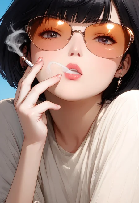 realistic, photorealistic, Expressiveh, score_9, score_8_up, score_7_up,
1girl, solo, short black hair, bob cut, large sunglasses, holding cigarette, blowing smoke,
0scillat0r_pxl
