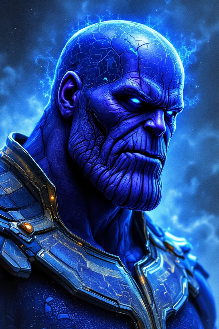 Thanos, urban comics, blue patterns, Marvel, sci-fi, high tech, iconographic, glitchy background, watercolor, ink, fog, interactive, high detail, art style by Clayton Crane + Ross Tran + Rachel Walpole + Jessica LeVay + Dan Wolbert + Simon Stålenhag + Brian Stelfreeze