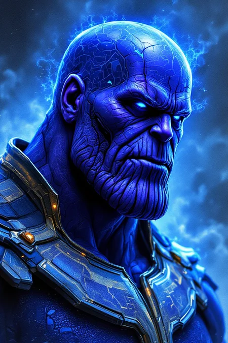 Thanos, urban comics, blue patterns, Marvel, sci-fi, high tech, iconographic, glitchy background, watercolor, ink, fog, interactive, high detail, art style by Clayton Crane + Ross Tran + Rachel Walpole + Jessica LeVay + Dan Wolbert + Simon Stålenhag + Brian Stelfreeze