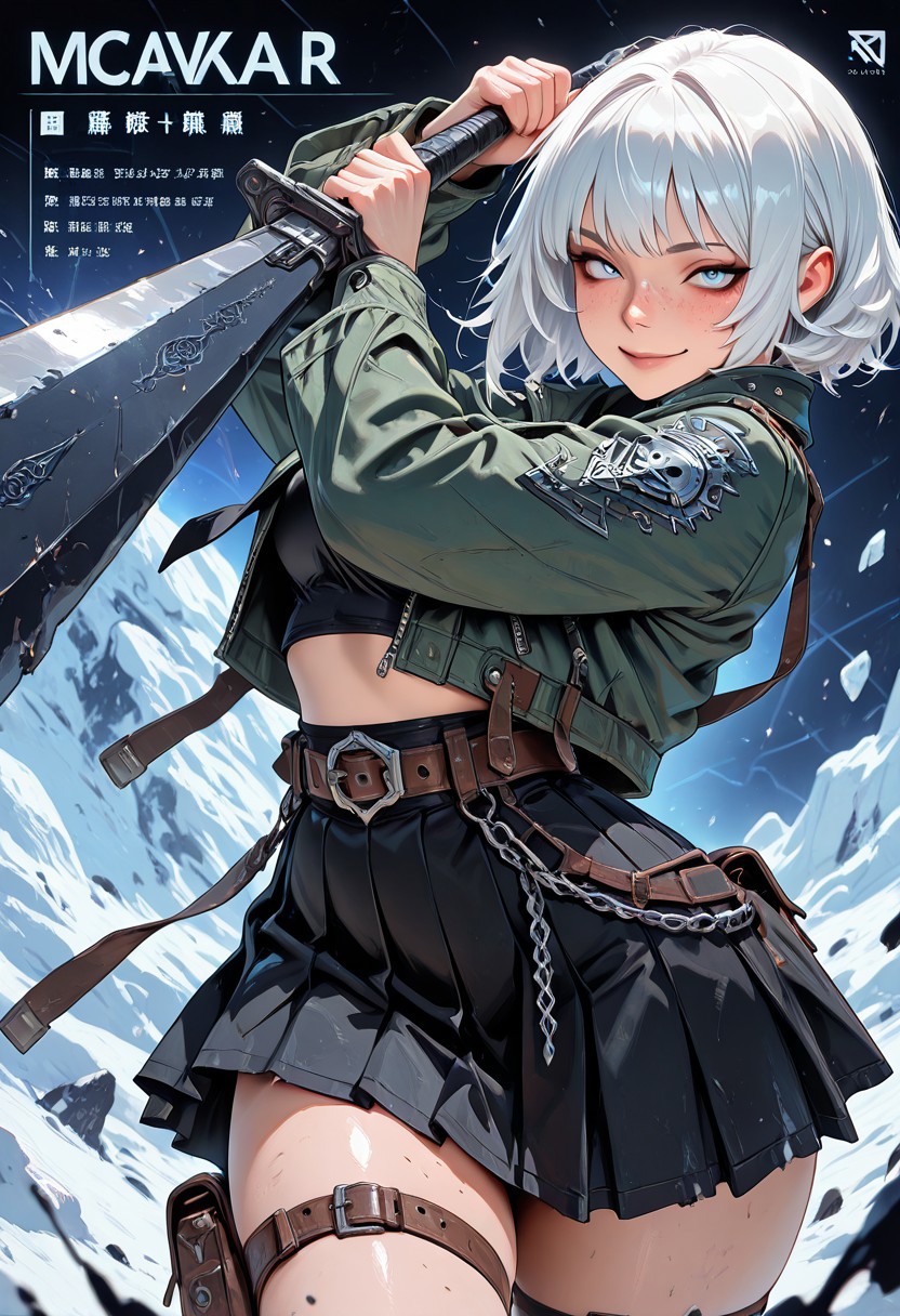 highres, very detailed, amazing quality, masterpiece,
very aesthetic,
particle effect,
1girl, detailed face, freckles, holding sword, oversized weapon, engraved, chains, fusion, green jacket, belts, black tie, black skirt, pleated skirt, jacket, midriff, puches, thigh pouch, white hair, 
looking at viewer, curvy, seductive smile,
action pose, dynamic angle, dynamic pose, 
Close up, depth of field, ray_tracing, cowboy shot, motion blur, foreshortening, cyberspace, surreal, very aesthetic, glacier,
multiple views sheet, reference sheet, character profile, character chart, multiple views, turnaround, stats, notes, zoom layer,