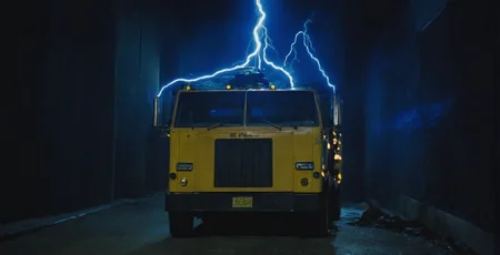 Horror-themed,  <lora:Terminator style:0.9>
In the 1980's a large yellow garbage truck with a blue lightening bolt on it in a dark alley at nigh,outdoors,no humans,ground vehicle,scenery,motor vehicle,electricity,car,vehicle focus,wheel,truck , horror themed, dark themed, low key light, dramatic light, dramatic shadow light, contrast, cinematic color, cinematic look, filmic, realistic, realism, perfection, perfect, Kodak, Kodak film, movie still, Terminator style, The Terminator 1984 Film style, Eerie, unsettling, dark, spooky, suspenseful, grim, highly detailed