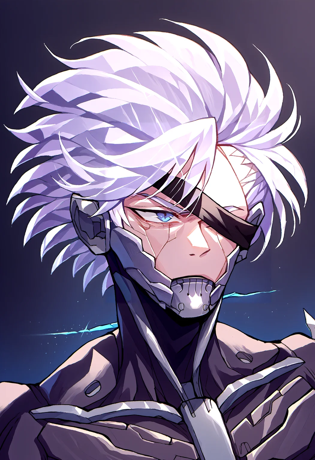 score_9, score_8_up, source_anime, 1boy, incrsxlcrystalhair, crystal hair, <lora:CrystalHair_XLPD:1.4>, shiny hair, upper body, <lora:RaidenMGR_XLPD:1>, RaidenMGRDef, cyborg, bodysuit, eyepatch, white hair,