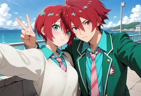 masterpiece, best quality, amazing quality, absurdres, newest, detailed background, definition so sharp, Ultra-HD, 8K cinematic, very awa, impressionate, amazing quality, highres,
duo, couple focus, different high, different size, side by side, v, selfie, upper body, day, blue sky, outdoor,
BREAK
(1boy, kagayakibishounen, takuto_red eyes, takuto,red hair, short hair, takuto_school uniform, green blazer, white collared shirt, pink tie),
BREAK
(1girl, amate yuzuriha,aqua shirt,striped necktie,white sweater,),