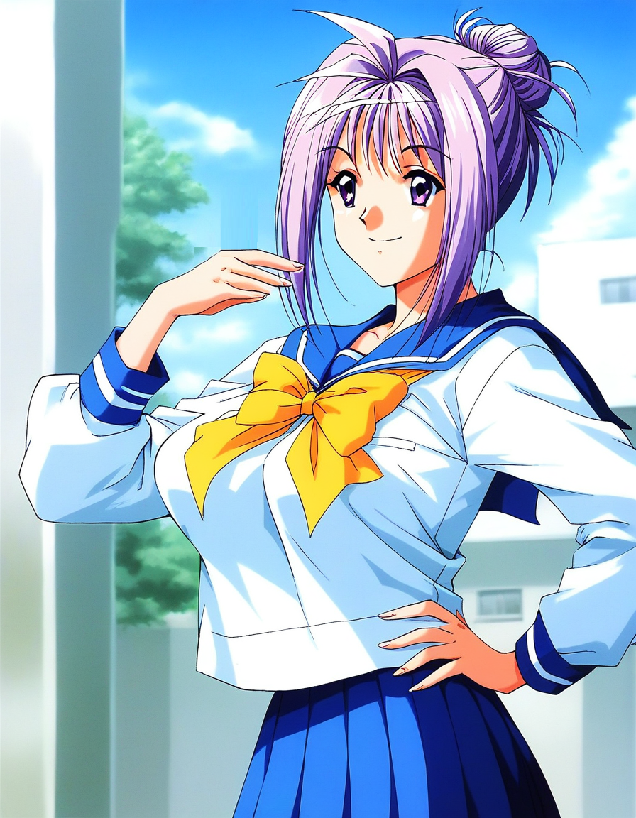 score_9, score_8_up, score_7_up, source_anime, rating_explicit, BREAK  <lora:Katagiri_Ayako_XL:1>ãKatagiriAyako, light purple hair, single hair bun, short hair, large breasts, purple eyes
1990s \(style\),
1girl, solo, school uniform, serafuku, bow, skirt, yellow bow, hand on hip, sailor collar, blue skirt, smile, long sleeves, pleated skirt
outdoor, blue sky, day,