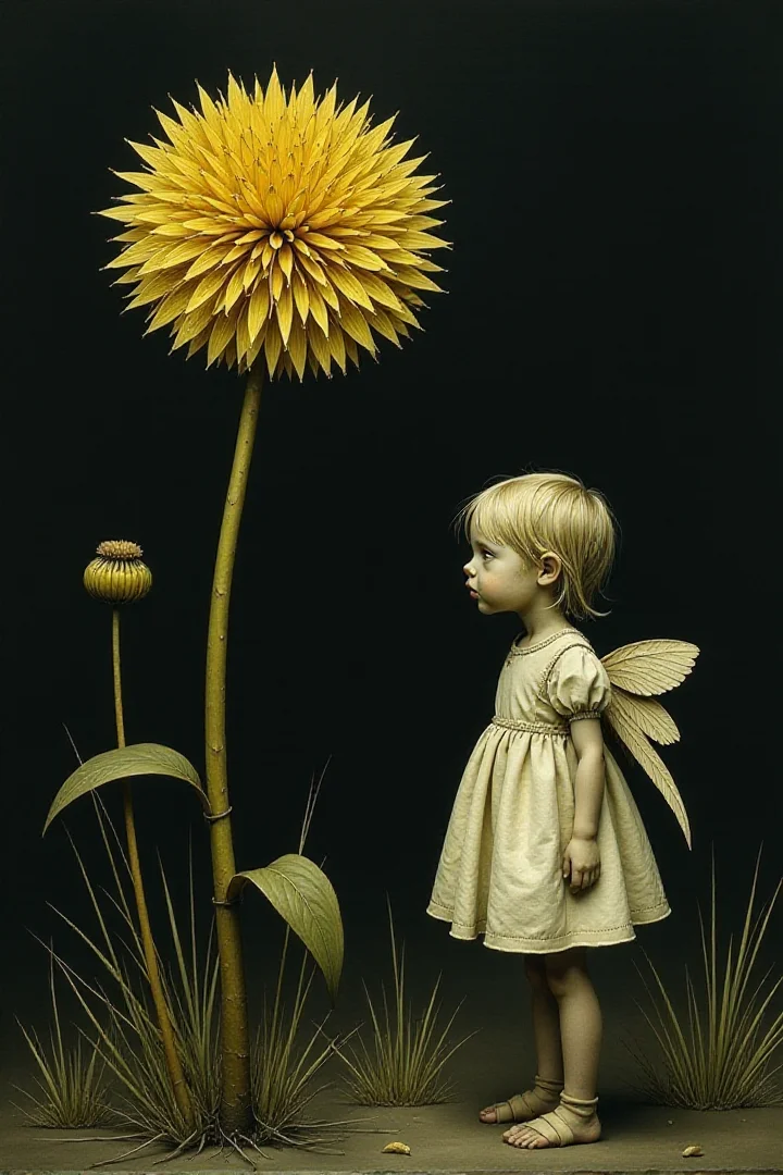 The flower is dried up, odorless, next to the flower is a dandelion girl with wings. The disturbing and grotesque world of Stephen Gummel. Style by Andrew Wyeth, Katsuhiro Otomo âScary stories told in the dark.âââ