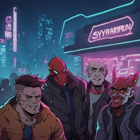 score_9, score_8_up, score_7_up,  <lora:m34ndb01s:1.2> m34ndb01s,4boys, cyberpunk, neon lights