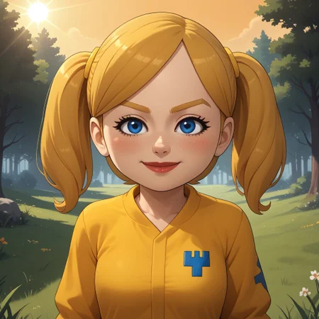 score_9, score_8, BREAK, solo, wii, mii, wii sports, 1girl, female mii, blue eyes, blush, blonde hair, blonde eyebrows, twintails, yellow clothing, white pants, sneakers, nintendo mii, modern_mii, classic_mii, pavika_\(\\oc_mii\\\), breasts, lips, sexy pose, self portrait, smile, outdoors, sunlight, shadows, evening lighting, natural lighting, forest, trees, grass, orange sky, sunset