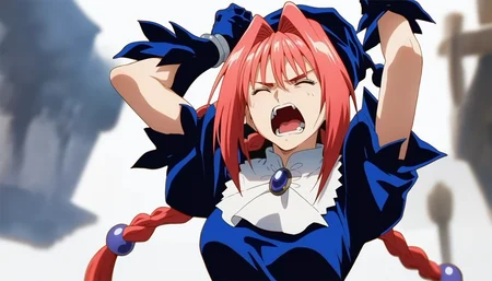 score_9,score_8_up,score_7_up,<lora:dorothy:1>,
doroshii, 1girl, solo, anim style, pale skin, red eyes, long pink hair, bangs, two braided pigtails, dark purple jewels in braided pigtails, black cap with ball on end, black dress, large bow on lower back, short puffed sleeves, tight around torso, shows breast shape, white collar, mail coach tie, dark purple jewel on tie, black gloves up to elbows, closed eyes, furrowed brows, mouth wide open in an exaggerated expression, teeth, furious, arms raised up, upper body, front view, white background
vignetting,blurry background,