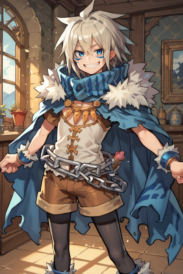 (score_9, score_8_up, score_7_up, score_6_up), source anime, BREAK, solo, <lora:Milanor:0.6> , miladef, 1boy, grey hair, spiked hair, blue eyes, blue facial mark, fur trim, blue cloak, chain belt, brown shorts, leggings under shorts, black leggings, blue footwear, interior, living room, (cowboy shot), seductive, smug, grin, <lora:zy_Detailed_Backgrounds_v1:0.5> , detailed background, highly detailed,  <lora:4t4rXLP:0.65> , 4t4r,