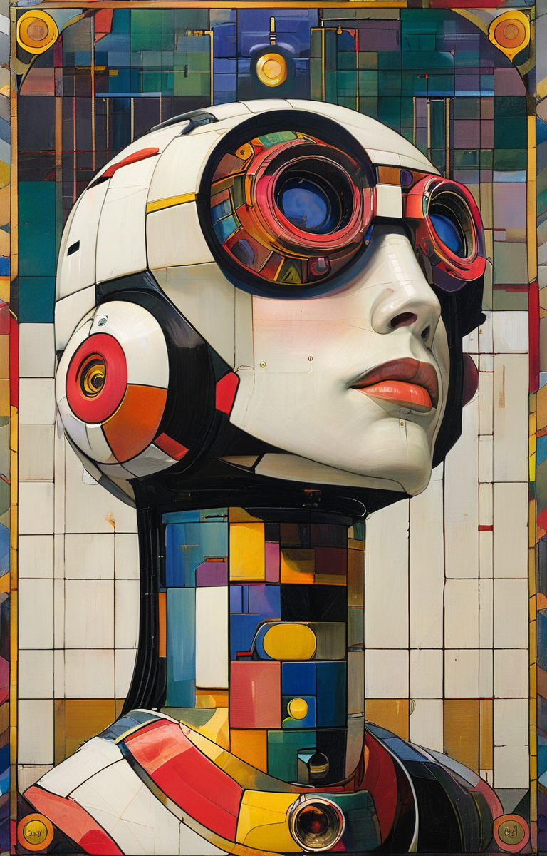 masterpiece,best quality,<lora:tbh147-sdxl:1>,illustration,style of Paul Laffoley portrait of robot