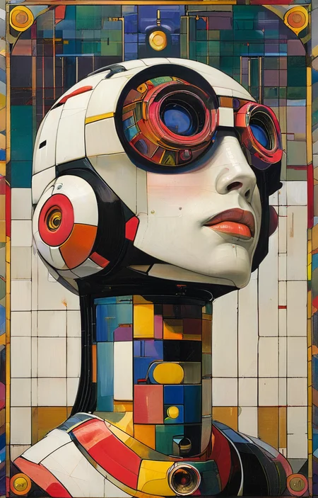 masterpiece,best quality,<lora:tbh147-sdxl:1>,illustration,style of Paul Laffoley portrait of robot