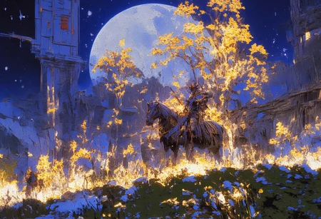 The image features a character mounted on a horse in a lush, grassy landscape under a starry night sky. The moon is large and prominent, illuminating the scene. Scattered throughout the area are glowing yellow trees, adding a mystical ambiance. The character is wearing armor, suggesting they are a warrior or knight, and the overall atmosphere conveys a sense of adventure and exploration typical of fantasy video games. The scenery blends elements of nature with an otherworldly vibe, characteristic of expansive open-world environments.