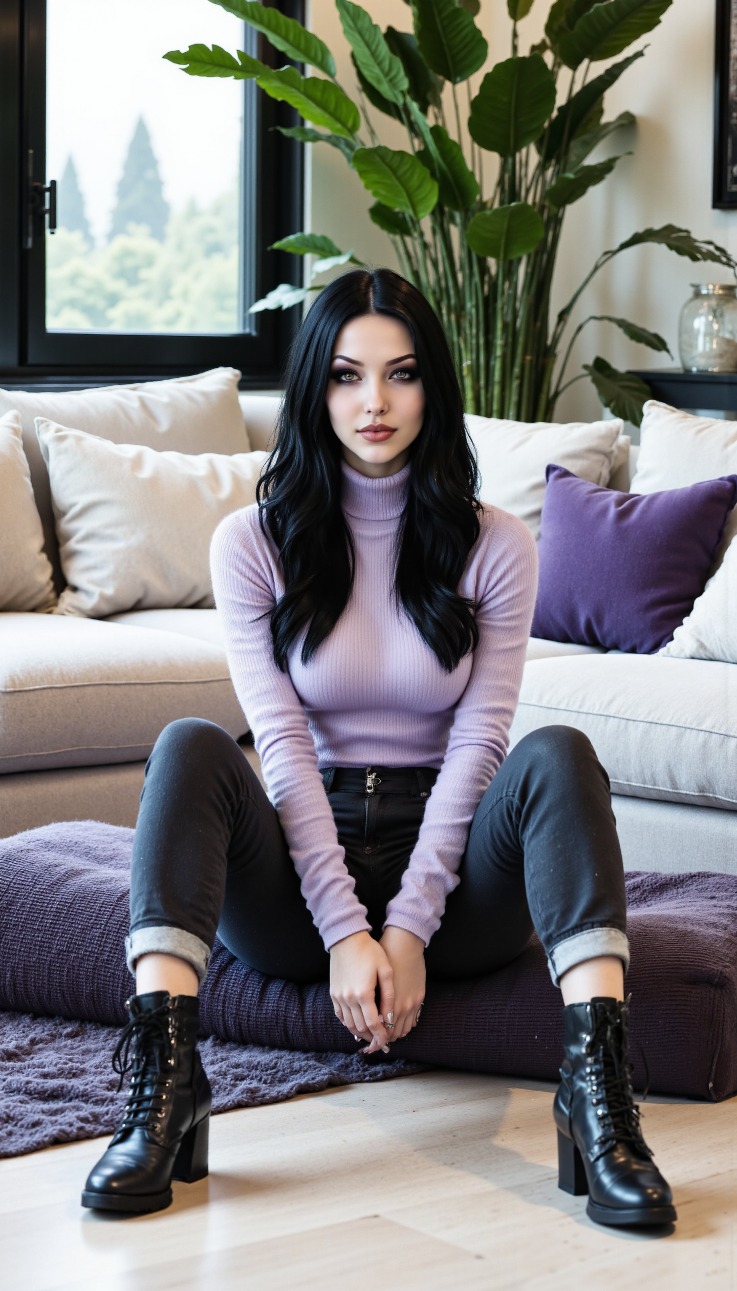 (masterpiece hyperrealistic photo) of a fit stunning woman from Peru with light brown skin, dark brown eyes, and medium-length black hair with natural waves. she is wearing A cozy outfit with a fitted turtleneck sweater in a soft lavender color and high-waisted skinny jeans in dark indigo. The turtleneck hugs her body, showing off her shape, while the jeans elongate her legs. She finishes the look with ankle boots for a polished winter look. She sits on a fluffy area rug in front of a large, modern sectional sofa in an airy living room. Floor-to-ceiling windows let in bright light, and a few tall green plants add freshness to the space. detailed skin, detailed eyes,  vivid style, photorealistic:1.2, 32k, high contrast, intricately detailed eyes, real skin textures, detailed clothing textures, goth, gothic
,aidmaimageupgrader, aidmafluxpro1.1