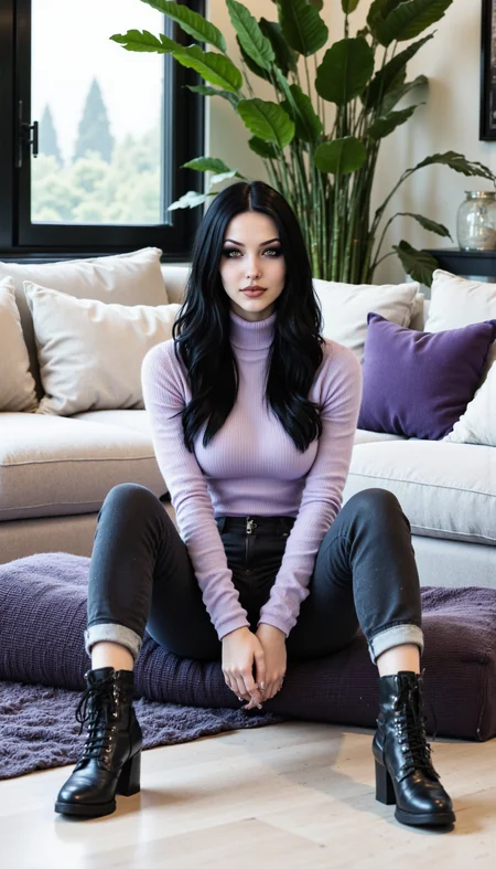(masterpiece hyperrealistic photo) of a fit stunning woman from Peru with light brown skin, dark brown eyes, and medium-length black hair with natural waves. she is wearing A cozy outfit with a fitted turtleneck sweater in a soft lavender color and high-waisted skinny jeans in dark indigo. The turtleneck hugs her body, showing off her shape, while the jeans elongate her legs. She finishes the look with ankle boots for a polished winter look. She sits on a fluffy area rug in front of a large, modern sectional sofa in an airy living room. Floor-to-ceiling windows let in bright light, and a few tall green plants add freshness to the space. detailed skin, detailed eyes, vivid style, photorealistic:1.2, 32k, high contrast, intricately detailed eyes, real skin textures, detailed clothing textures, goth, gothic
,aidmaimageupgrader, aidmafluxpro1.1