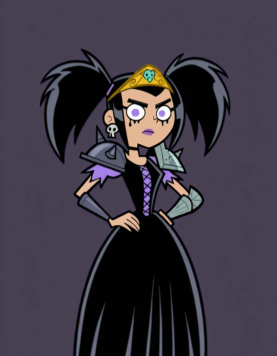 <lora:SamMasonIllustrious1.0JLFO:1>samm, 1girl, solo, black hair, twintails, purple eyes, tiara, earrings, skull, jewelry, hands on hips, makeup, purple lips, armor, lipstick, pauldrons, shoulder armor, black dress,looking at viewer, masterpiece, best quality, amazing quality, very aesthetic, absurdres,simple background,