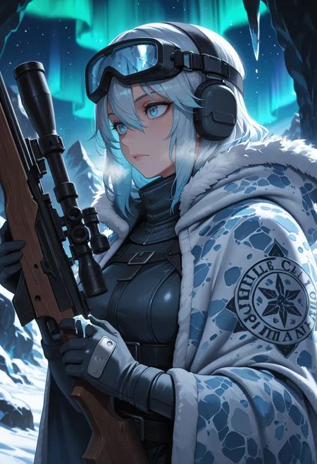 masterpiece,best quality,amazing quality,absurdres, BREAK
oc (snezhnaya assassin), 1girl, icy-blue eyes, snow camo cloak, sniper rifle (cryo), frozen breath, glacial cave, aurora borealis, bloodstained snow, thermal goggles, stealth gear, icicle daggers, sharp cheekbones, kill list (visible), cold calculation, portrait: through sniper scope, frostbite on fingers, subzero atmosphere, polar night sky, deadly precision, harsh blue lighting