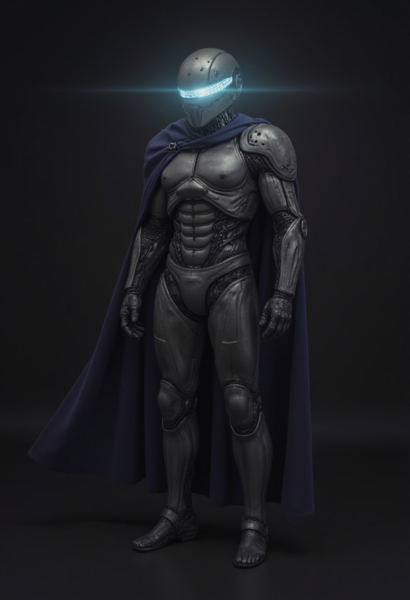photorealistic shot of a solo, 1boy, upper body, male focus, armor, no humans, glowing, helmet, robot, mecha, cloak, science fiction, cyborg, mechanical parts, humanoid robot