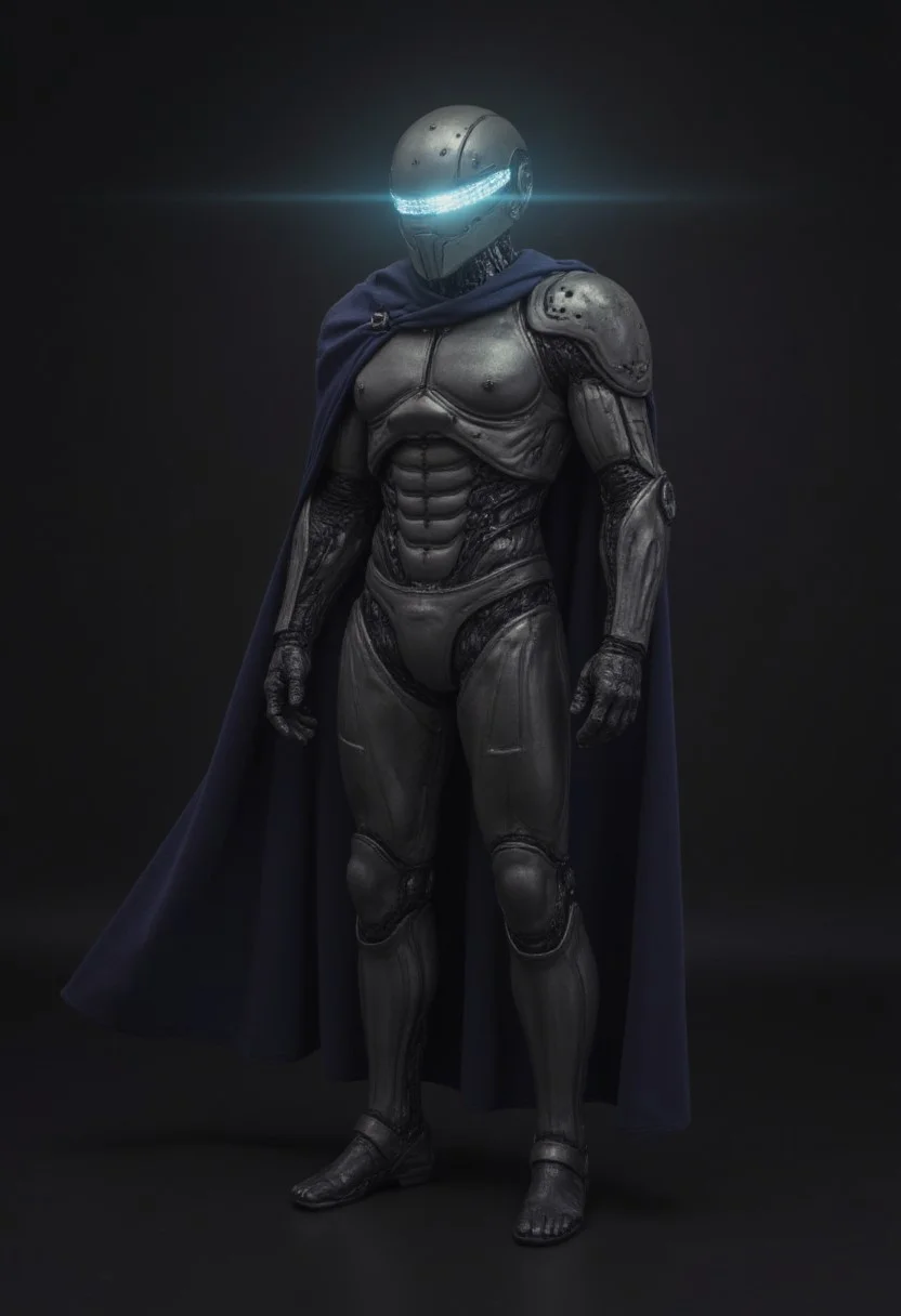 photorealistic shot of a solo, 1boy, upper body, male focus, armor, no humans, glowing, helmet, robot, mecha, cloak, science fiction, cyborg, mechanical parts, humanoid robot