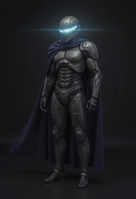 photorealistic shot of a solo, 1boy, upper body, male focus, armor, no humans, glowing, helmet, robot, mecha, cloak, science fiction, cyborg, mechanical parts, humanoid robot