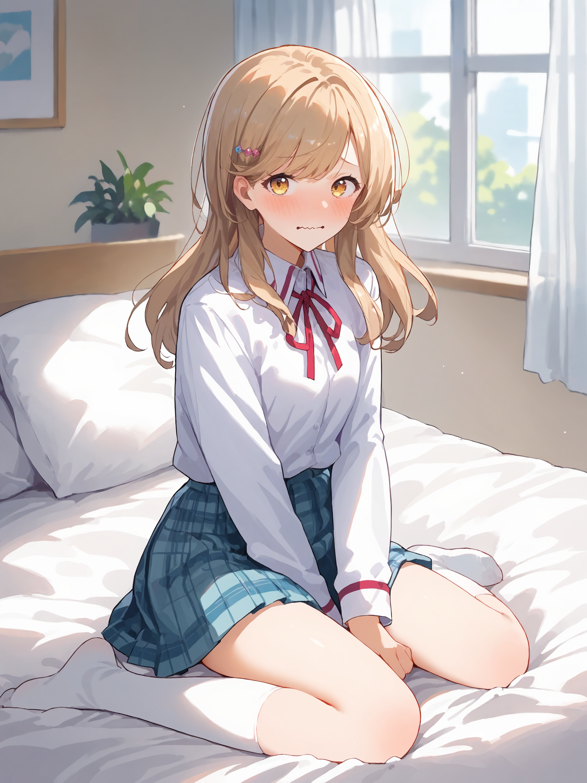 1girl, sena ajisai, hairclip, solo, school uniform, pleated skirt, plaid skirt, white collared shirt, blazer, neck ribbon, white kneehighs, looking at viewer, embarrassed, blush, wavy mouth, sitting on bed, full body, bedroom, indoors, blurry background score_9, score_8_up, score_7_up, source_anime, ray tracing, best quality, <lora:Char-Sena_Ajisai-V1-Pony:0.9>, <lora:Style-Expressive_H-pony:0.8>,