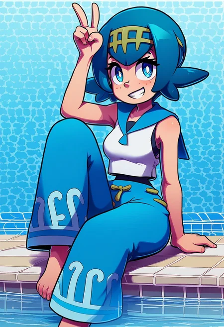 score_9, score_8_up, score_8, medium breasts, (curvy), cute, eyelashes,
BREAK,
zzLana, yellow hairpiece, white shirt, sleeveless shirt, sailor collar, blue pants, baggy pants,
arm support, sitting, knee up, pool, water,
v, spoke heart,
BREAK,
smile, looking at viewer,
abstract background, water pattern background,
zPDXL,