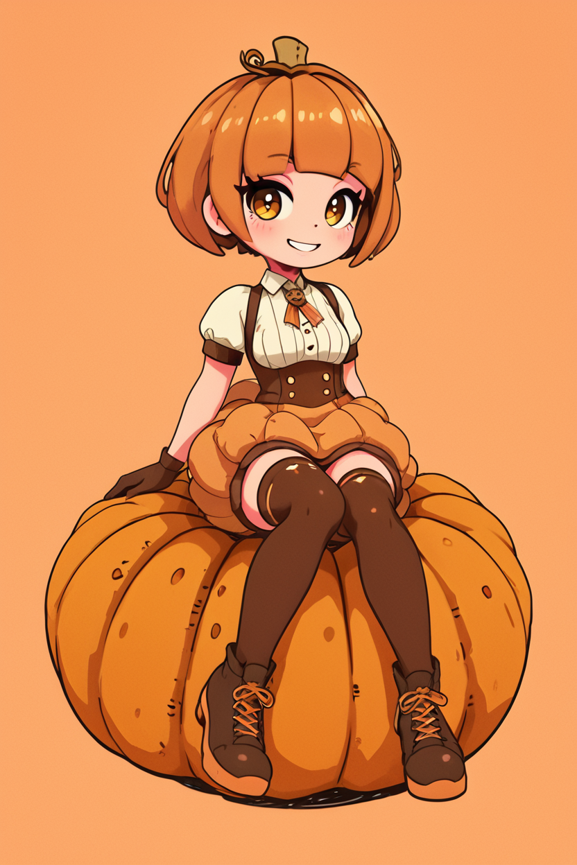 score_9, score_8_up, score_8, medium breasts, (curvy), cute, eyelashes,       BREAK, , ,,, zzPmpknGrl, brown eyes, short hair, brown hair, blunt bangs,  gloves, thighhighs, short sleeves, jack-o'-lantern, pumpkin, shirt, sitting, white shirt, <lora:PumpkinGirl_Masashi_PDXL:0.8>,   ,,, , BREAK, socks, big shoes, ,,, smile, looking at viewer, cowboy shot, ,,, embedding:zPDXL, Expressiveh, ,,, <lora:CuteToonPDXL:0.8>, <lora:SDXLFaeTastic2400:0.5>, <lora:Expressive_H-000001:0.4>,